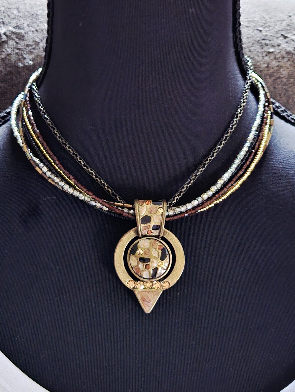 Chico's Mixed-Media Multi-Strand Metallic Gold and Bronze Deco Pendant Necklace